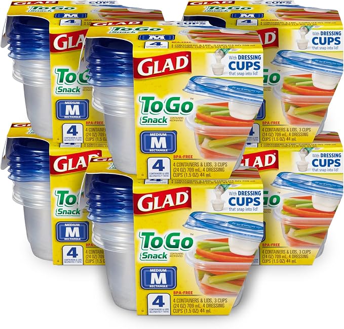Glad GladWare To Go Lunch Food Storage Containers with Lids, Medium Round No BPA Plastic with Built-In Dressing Cup for Salads and Lunches, Microwave Dishwasher Safe, 32 Oz, 4 Count - 6 Pack by GladTrashFoodStorage