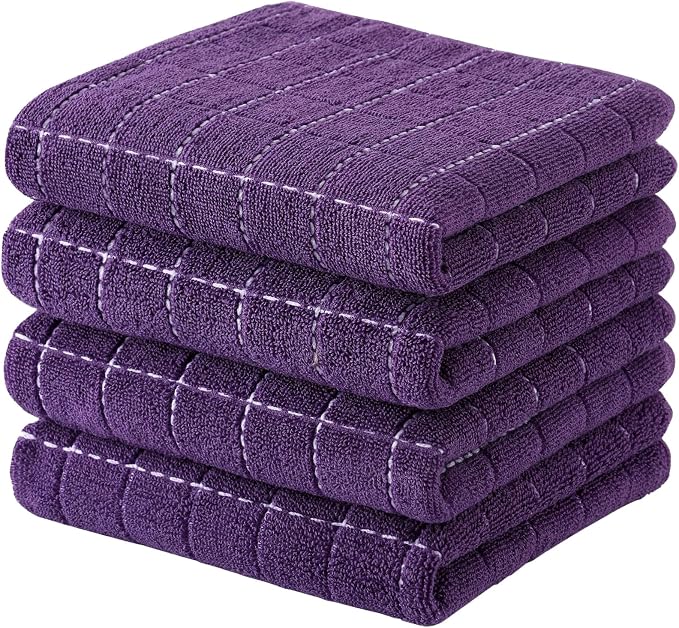 Kitinjoy 100% Cotton Terry Kitchen Towels, 13”x 28”, 4-Pack, Purple | Checkered Designed, Ultra Soft Absorbent Quick Drying Dish Towels by Kitinjoy
