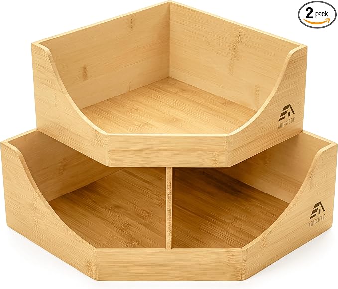 HOMESTEAD Bamboo Corner Storage Bin, 2-Tier Stackable Potato and Onion Storage Bin for Kitchen Counter Corner Shelf, Wooden Produce Storage Pantry Organizer, Fruit & Vegetable Holder, Medium by Homestead