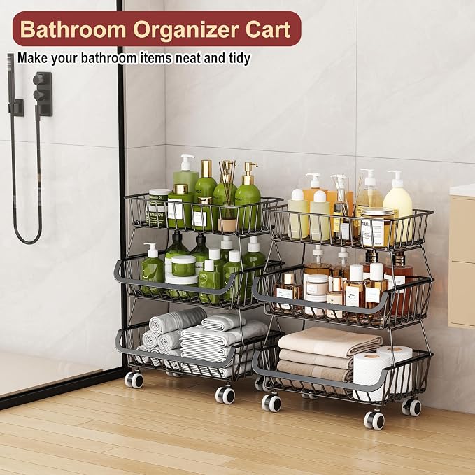 3-Tier Rolling Pantry Cart with Wheels, Stackable Wire Storage Floor Organizer for Kitchen Pantry Snack Shelves, Fruit Basket Stand, Vegetable Storage Rack for Food Snacks Onion Potato, Black, 2 Pack - Image 6