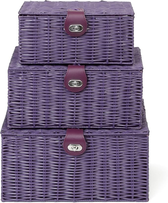 ARPAN Set of 3 Resin Woven Utility Storage Basket Box With Lid & Lock (Purple) - Image 6
