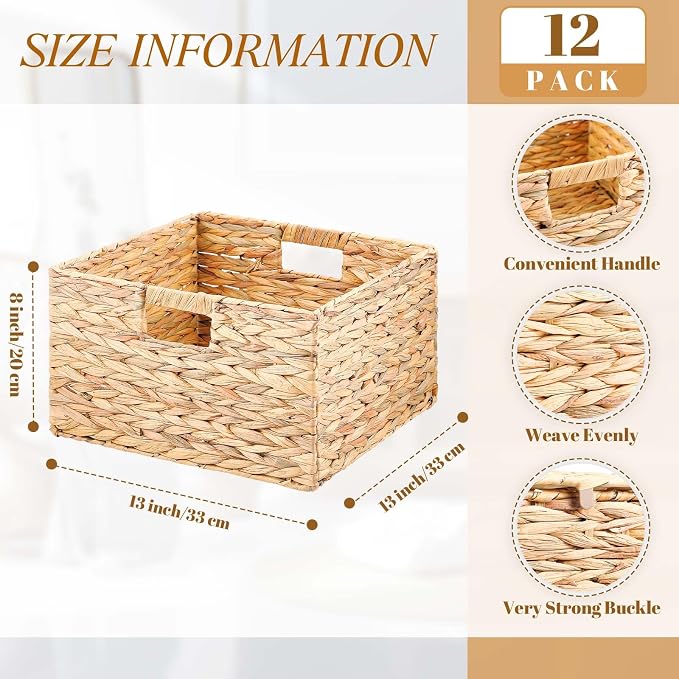 Jinei 12 Pcs Water Hyacinth Storage Baskets 13"x13"x8" Wood Color | Handwoven Wicker Bins with Handles, Wicker Baskets Bulk for Shelves Organizer Laundry, Closet Bedroom - Image 2