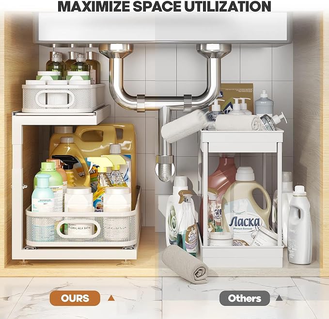 2-Pack 21.3 IN Depth Under Sink Organizer With Next-Gen Ball-Bearing Slides,Sophisticated Mesh 2-Tier Pull Out Shelf for Kitchen & Bathroom,Fits Small Items-White(Patented) - Image 5