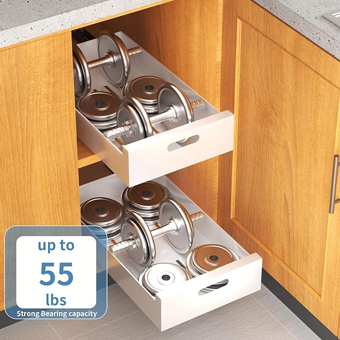HBL' 1 Pack | 21" Deep Pull Out Cabinet Organizer Adhesive, 12-Inch Wide Sturdy Carbon Steel Roll-Out Drawers, Designed for Frameless Cabinets, Slide-Out Shelves for Pantry. - Image 5