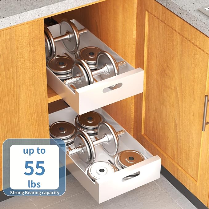 HBL' 1 Pack | 21" Deep Pull Out Cabinet Organizer Adhesive, 10-Inch Wide Sturdy Carbon Steel Roll-Out Drawers, Designed for Frameless Cabinets, Slide-Out Shelves for Pantry. - Image 5