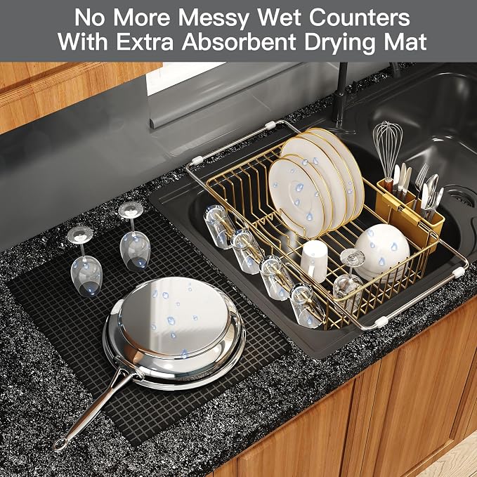 Gold Dish Drying Rack Over The Sink with Utensil Holder, Mat | Expandable Stainless Steel Dish Drainer for Small Kitchen, Apartment, RV, Counter Space Saving, Perfect Fit, Rustproof - Image 5