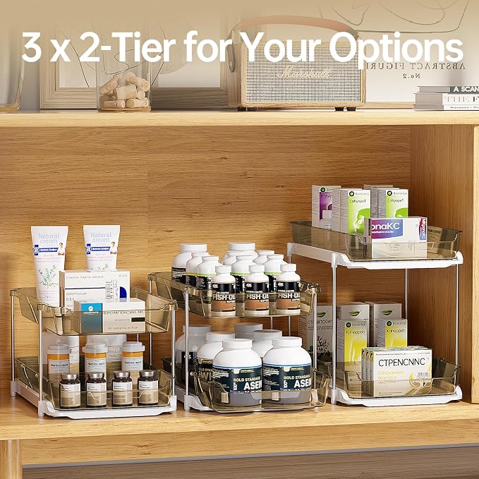 Delamu 2 Pack 3-Tier Bathroom Under Sink Organizers and Storage, Multi-Purpose Stackable Pantry Organization and Storage, Pull Out Clear Kitchen Bathroom Cabinet Organizer with Movable Dividers, Amber - Image 4