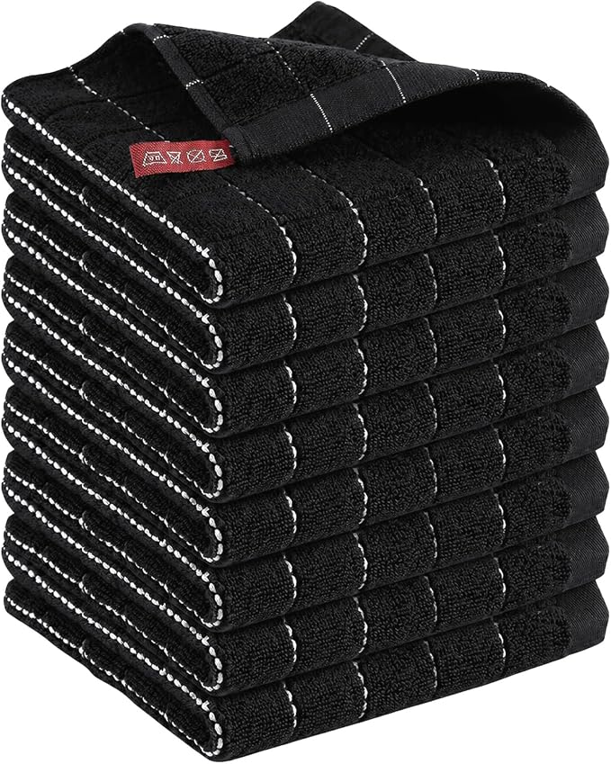 Kitinjoy 100% Cotton Terry Kitchen Dish Cloths, 12”x 12”, 8-Pack, Black | Ultra Soft and Absorbent Dish Towels for Kitchen, Suitable for Drying and Washing Dishes by Kitinjoy