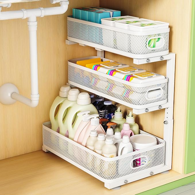 3-Tier Under Sink Organizer, Pull Out Cabinet Organizer for Kitchen & Bath | Height Adjustable, Heavy Duty Carbon Steel Holds 60 lbs, Rust-Proof Fits Kitchen Cabinet, Bathroom, Pantry & Laundry by Unknown