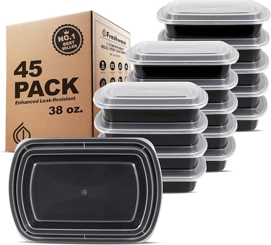Freshware Meal Prep Containers [45 Pack] 1 Compartment with Lids, Food Storage Containers, Bento Box, BPA Free, Stackable, Microwave/Dishwasher/Freezer Safe (38 oz) by Freshware
