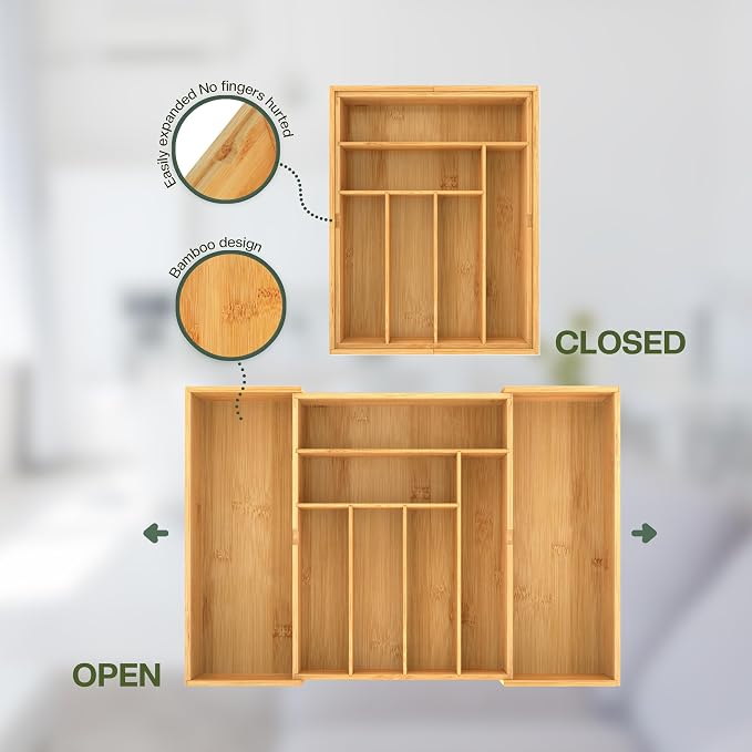 BAMEOS 3.9inch Tall Bamboo Drawer Organizer, Expandable Utensil Holder with 8 Compartments, Adjustable Kitchen Drawer Divider for Flatware, Silverware and Gadgets, Deep Storage for Home and Office - Image 7