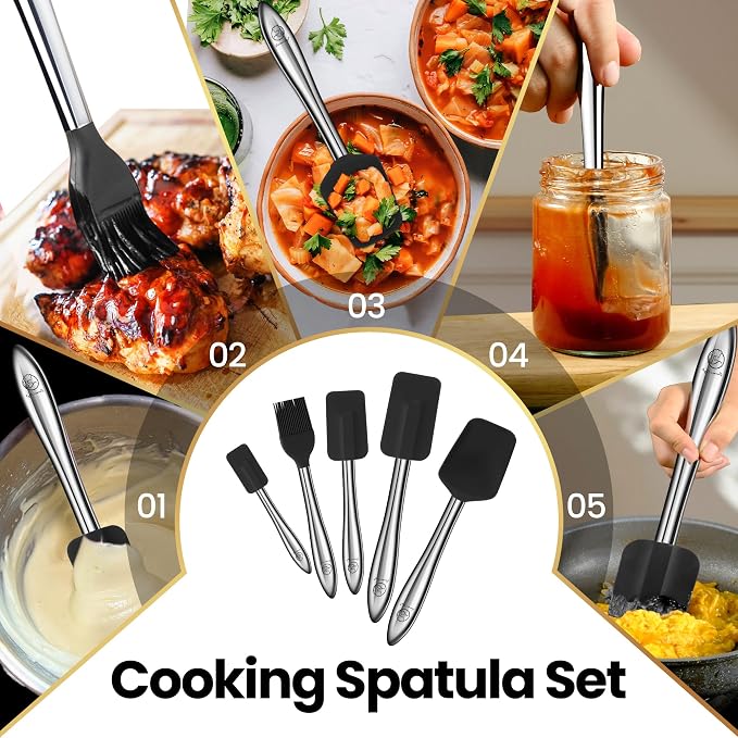 Gourmet Easy 5pcs Silicone Spatula Set with Stainless Steel Handles - Black | Heat-Resistant Silicone Protects Nonstick Cookware, Ergonomic Handles Offer Firm Control, Dishwasher Safe, 5-Year Warranty - Image 2