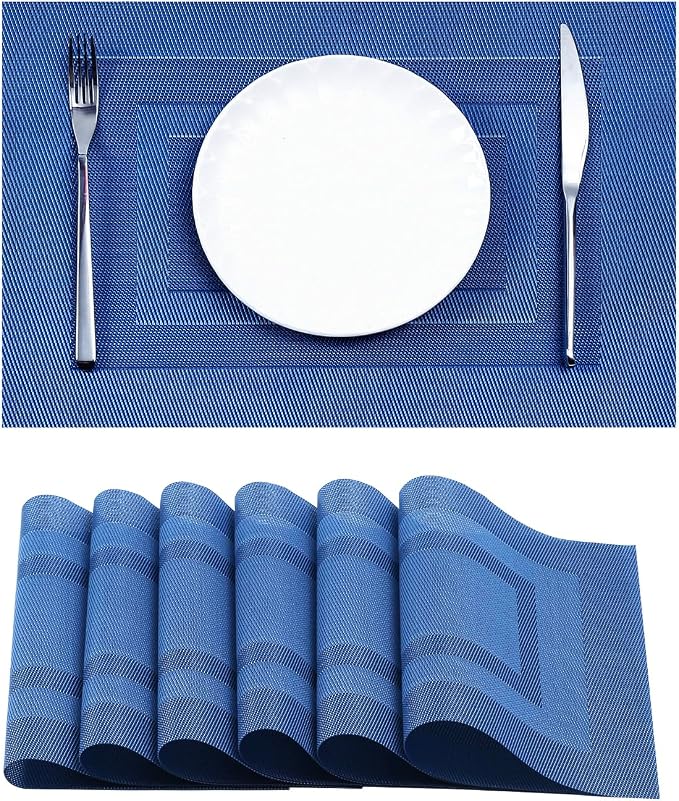 Leetaltree Blue Frame Placemats Set of 6 - Heat Resistant Non-Slip Place mats for Dining Table, Washable Durable PVC Vinyl Woven Table Mats（Blue Frame, 6） by Leetaltree-ArtatEveryTable