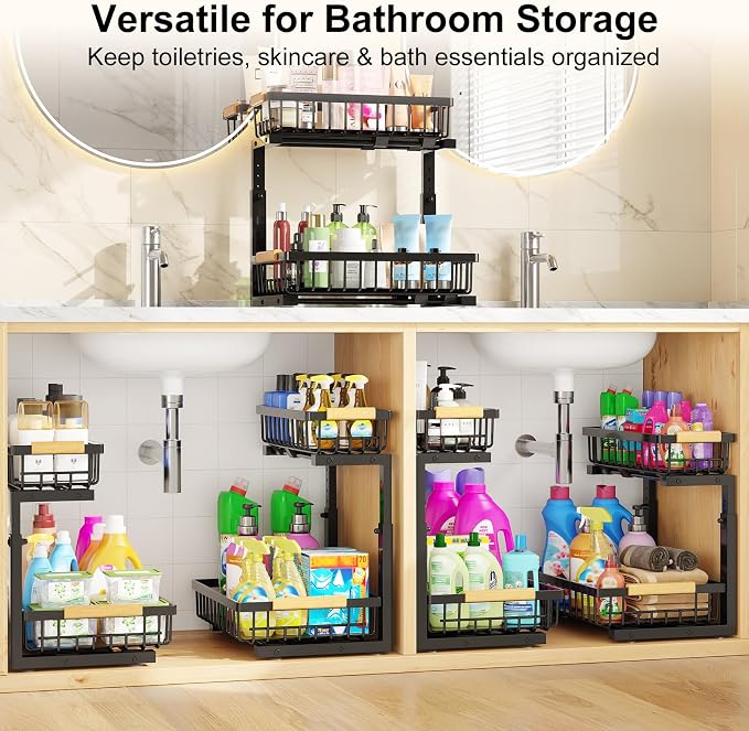 Under Sink Organizer 2 Pack, Adjustable Height 2-Tier Pull Out Cabinet Organizers, Heavy Duty Metal Slide Out Drawers, Under the Sink Organization and Storage Shelf for Kitchen Bathroom Pantry, Black - Image 8