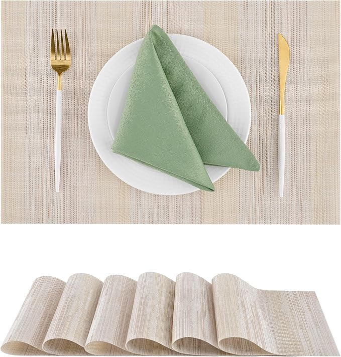 Leetaltree Lightsteel Beige with Yellow Placemats Set of 6 - Heat Resistant Non-Slip Place mats for Dining Table, Washable Durable PVC Vinyl Woven Table Mats (Lightsteel Beige with Yellow, 6) by Leetaltree-ArtatEveryTable