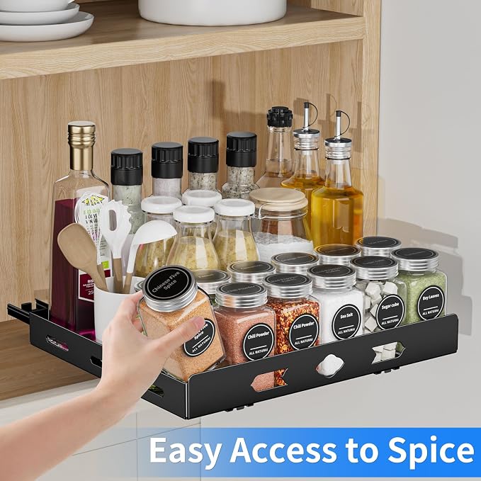 BOIVSHI 1 Tier Pull Out Spice Rack for Cabinet, 12.6" Wx10.5 Dx2.8 H | Metal Heavy Duty Spice Rack Easy to Assembly, Spice Organizer to Save Cabinet Space, Metal Noise-Free Sliding Seasoning Rack - Image 7