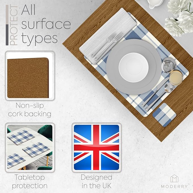 Set of 4 Heat Resistant Country Farmhouse Placemats for Dining Table with Free Set of 4 Matching Drink Coasters Rustic Vintage Design 16 x 12 Inches Cork Backed Hard Placemats/Blue Plaid - Image 5