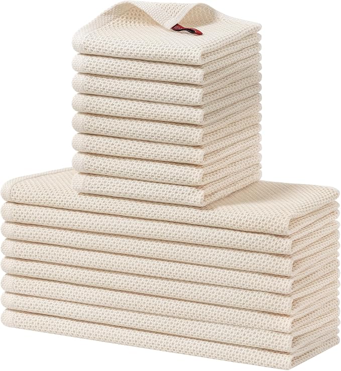 Homaxy 16 Pack 100% Cotton Kitchen Towels and Dishcloths Set, Beige | 12 x 12 Inches and 13 x 28 Inches Kitchen Towels Set, Ultra Soft Absorbent Dish Cloths for Washing Dishes by Homaxy