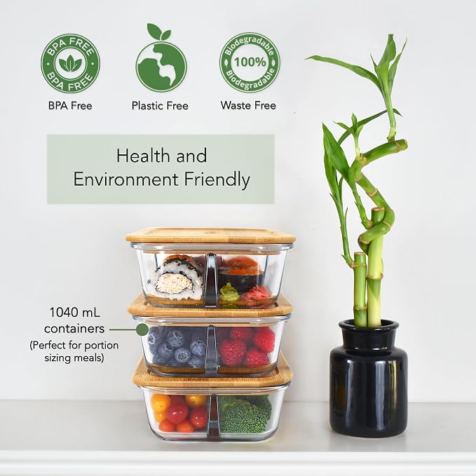 Glass Bento Box Containers with Bamboo Lids, 3 Compartment Glass Meal Prep Containers (3 Pack) - 100% Plastic Free, Eco-Friendly Lunch Container Set, Bamboo Lid Bento Boxes for Adults - Image 5