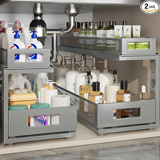 2 Pack 21.3IN-Depth Under Sink Organizer with Next-Gen Ball-Bearing Slides,2-Tier Pull Out Cabinet Storage,Height Adjustable Drawer Shelf for Bathroom,Kitchen,Laundry,Cabinet,Pantry-Gun Gray by Corbyles
