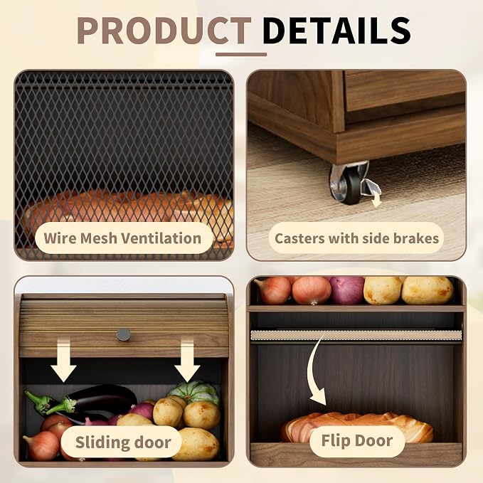 Movable Potato Storage Bins, Fruit Vegetable Basket, Kitchen Pantry Cabinet | Tall Large Potato and Onion Storage Bin, for Bread, Mid Century Modern, Wooden, with Sliding Door and Wheels, 4 Tier, Walnut - Image 4