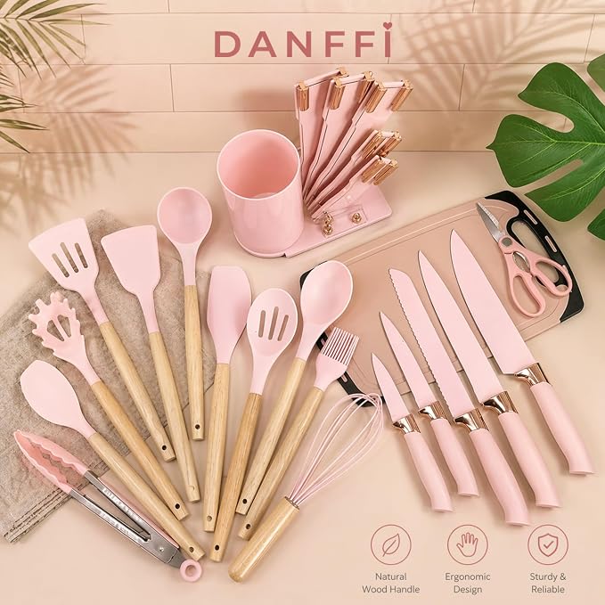 19-Piece Pink Kitchen Utensils Set with Knife Set & Cutting Board - Silicone Cooking Utensils with Wooden Handles, Rose Gold Accents, Scissors, Whisk & Tongs - BPA-Free Pink Kitchen Gift Set - Image 2