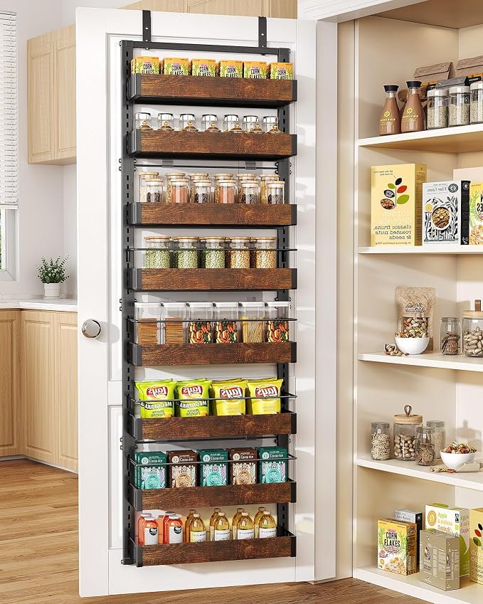 SNTD 8 Tiers Wooden Over Door Organizer, 17" W x 6" D x 69" H, Rustic Brown | Pantry Door Organizers and Storage, Height Adjustable Spice Rack, Dense Mesh Baskets, Anti-Swing, Adjustable Door Fastener by SNTD