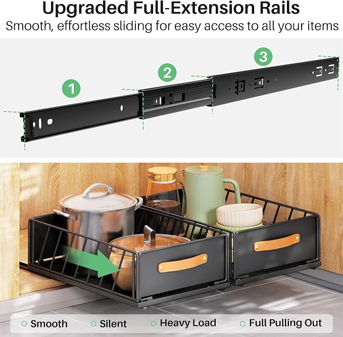 Pull out Cabinet Organizer,Heavy Duty Slide out Pantry Shelves Drawer Storage with Adhesive Nano Film,Sliding Mesh Cabinet Basket with Handle for Kitchen, Bathroom, Home, 15.8"W X 21"D X6.2"H,Black - Image 4