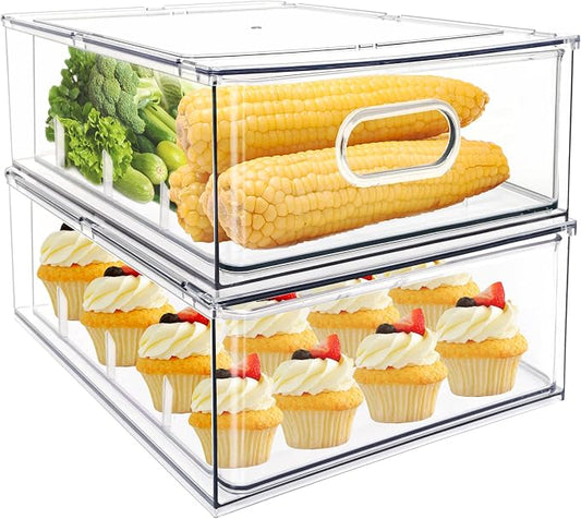 MANO 2Pack Clear Fridge Drawers Pull Out Stackable Refrigerator Drawer Organizer Bins Pantry Storage Box Plastic Food Containers for Kitchen Bathroom Office Closet (X-Large) by MANO
