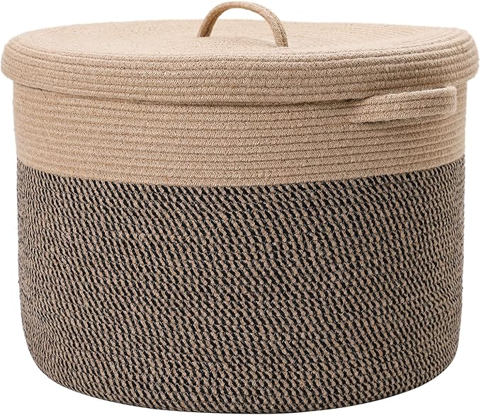 20x15 Inch Extra Large Round Cotton Rope Storage Basket with Lid, Decorative Woven Bin with Cover for Living Room Bedroom Closet, Jute & Black Mix by Cottonphant