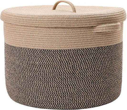 20x15 Inch Extra Large Round Cotton Rope Storage Basket with Lid, Decorative Woven Bin with Cover for Living Room Bedroom Closet, Jute & Black Mix by Cottonphant