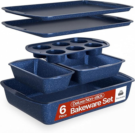 BAKKEN Kitchen Baking Pan Set - Nonstick Blue Marble Coating, Commercial Grade Carbon Steel Bakeware Sets, Baking Kitchen Essentials, PFOA, PFOS, PTFE Free, Oven Safe Tray (Up To 450° F), Set of 6 by Unknown