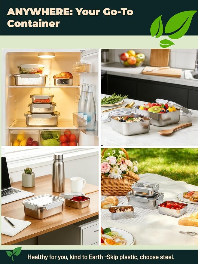 Stainless Steel Food Storage Containers, Silver, Combo | Leak-Proof Latching Lid, Reusable Bento Lunch Box, Oven/Dishwasher/Freezer Safe, 22/44/82oz - Image 7