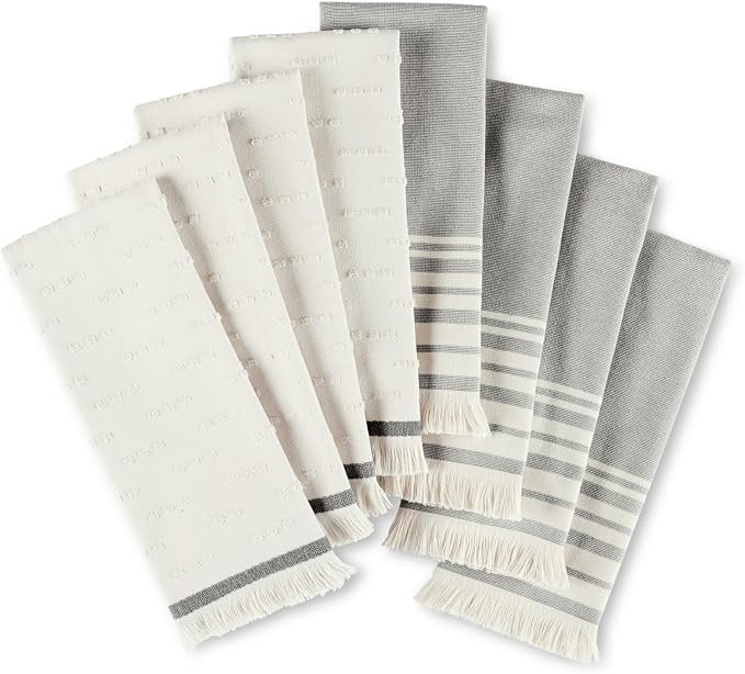 KitchenAid Vintage Stripe Kitchen Towels 8-Pack, Absorbent 100% Woven Cotton, Matte Black/Ivory, 17”x28” by KitchenAid