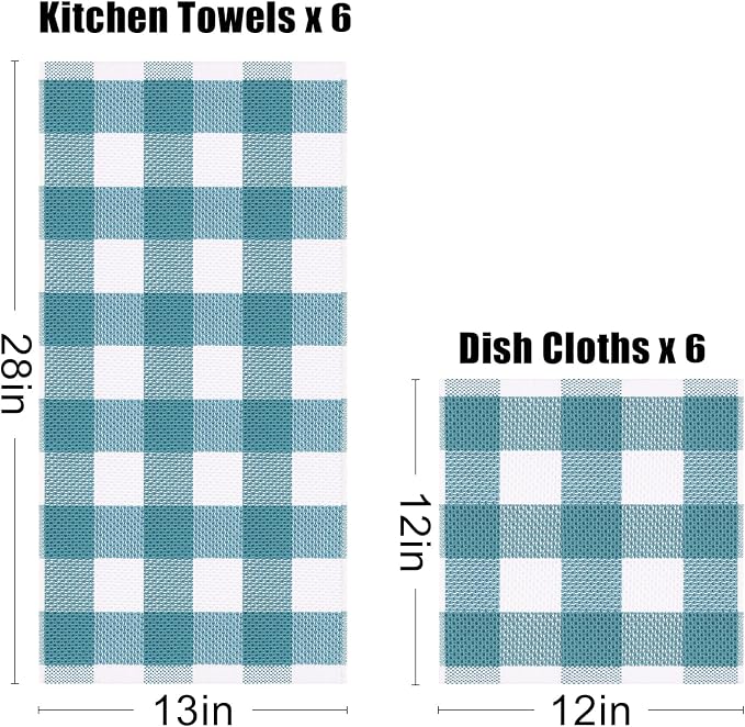 Homaxy Kitchen Towels and Dishcloths Set, Set of 12, White & Lake Blue | Bulk Cotton Waffle Weave Check Plaid Kitchen Towels, Super Soft and Absorbent Dish Cloths, 12 x 12 and 13 x 28 Inches - Image 4