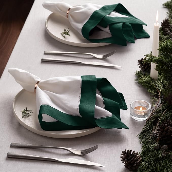 Linen Napkins 20 x 20 inch - 100% Flax Linen White and Green Dinner Napkins Set of 4 - Hemstitch Cloth Napkins Washable for St Patrict Day, Easter, Winter and Spring Decor - Image 4