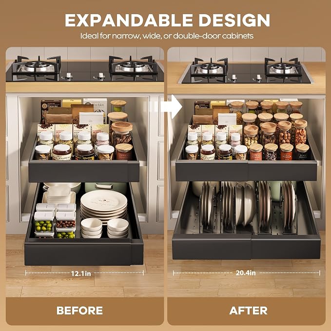 Seinloes 6 Pack Pull out Cabinet Organizer 21"Deep with Raising Pad for Framed Cabinets, Expandable Slide out Drawers for Kitchen Cabinets with 6pcs Divider Racks, Roll out Shelves 12.1"-20.4" W Black - Image 2