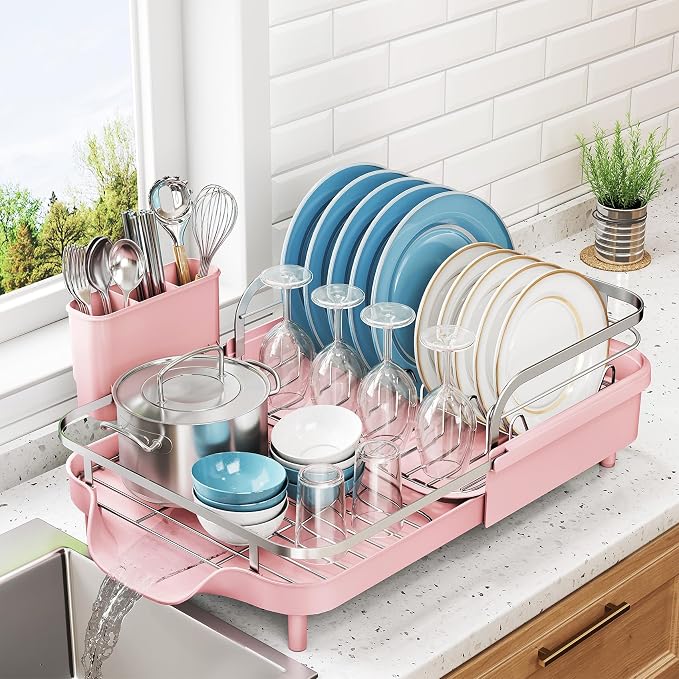 SNTD Dish Drying Rack, Expandable Dish Rack for Kitchen Counter, Stainless Steel Dish Drainer with Drainboard Set and Utensil Holder (Pink) by SNTD