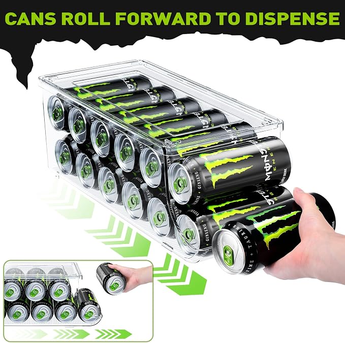 SCAVATA 2 Pack Tall Skinny Can Organizer for Refrigerator, Stackable Large Soda Cans of 16oz & 17oz Beverage Energy Drink Container Holder Dispenser with Lid for Fridge, Clear Storage Plastic Bins - Image 3