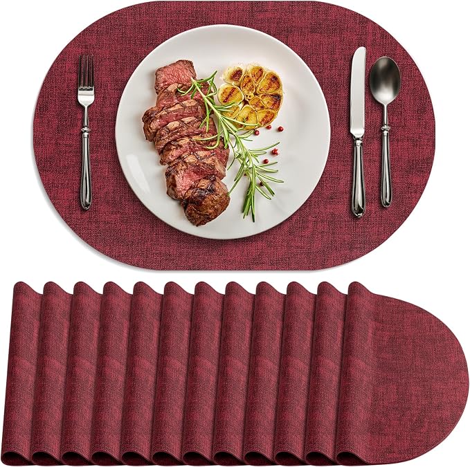 Placemats Set of 12 Washable, Heat Resistant Table Placemats Wipeable Faux Leather Oval Place Mats Non Slip, Waterproof Oval Table Mats for Indoor Outdoor, Wine Red by Delicateandelegantplacemats