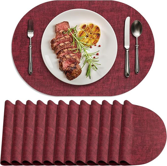 Placemats Set of 12 Washable, Heat Resistant Table Placemats Wipeable Faux Leather Oval Place Mats Non Slip, Waterproof Oval Table Mats for Indoor Outdoor, Wine Red by Delicateandelegantplacemats