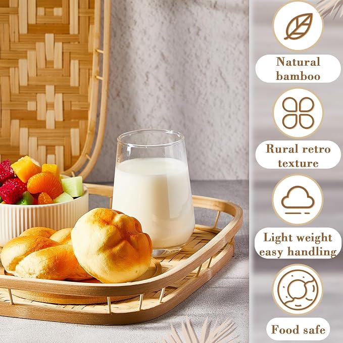 FillTouch 6 Pcs Bamboo Wicker Serving Trays 16.93 x 13 x 1.57 Inch Hand Woven Lap Trays for Eating Rectangular Flat Baskets Trays Decorative Bedroom Bed Tray for Eating Dinner Tray Fruit Snack Holder - Image 3