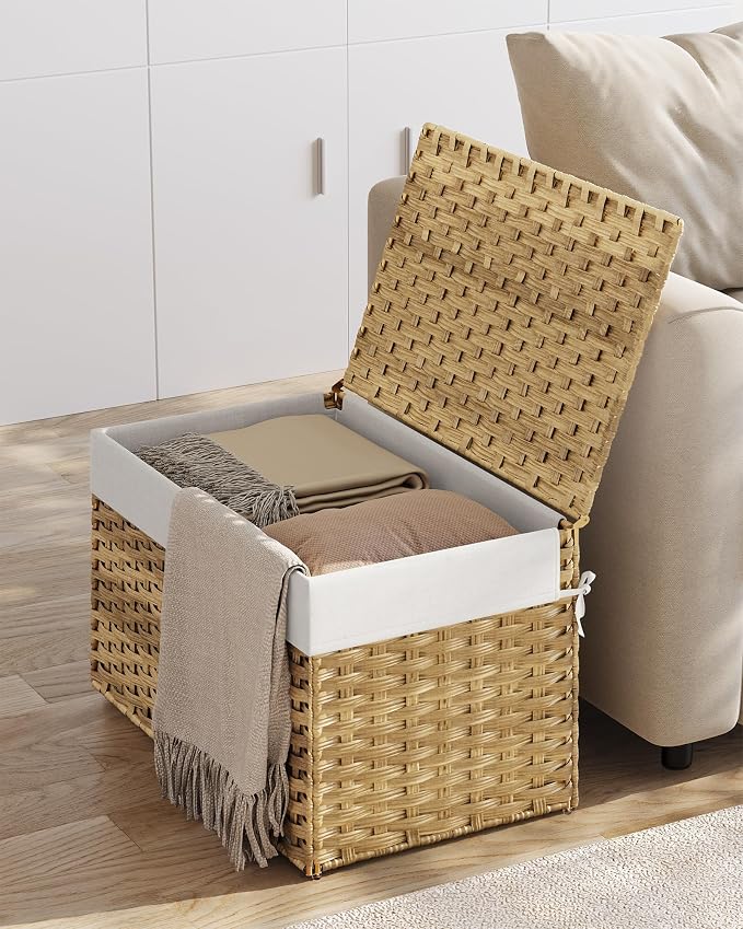 SONGMICS Storage Basket with Lid, Woven Blanket Storage Bin with Handles, Foldable, Removable Liner, Metal Frame, for Bedroom, Laundry Room, 27.7 Gallons (105 L), Natural URST066N01 - Image 4
