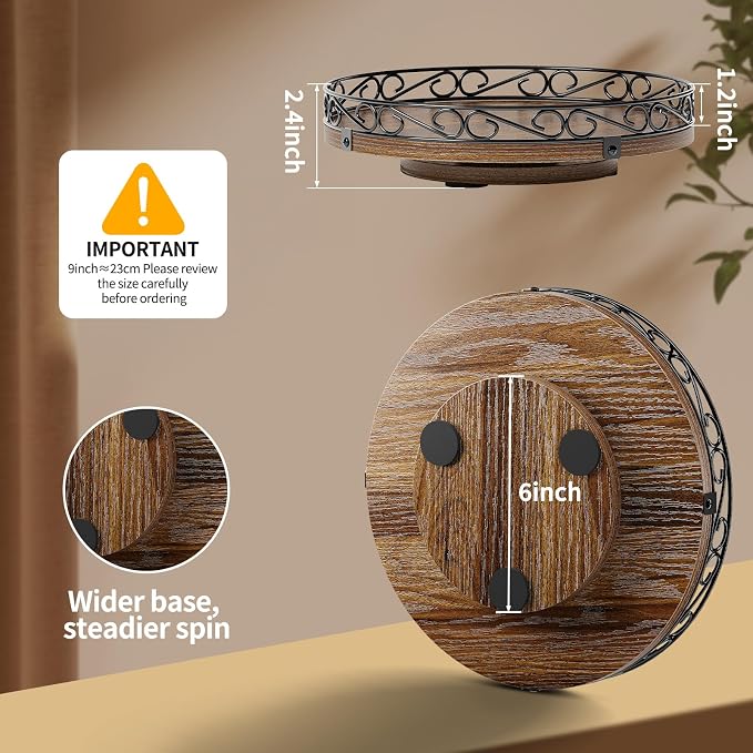 9'' Lazy Susan Turntable Organizer for Table Top, Wooden Lazy Susan Cabinet | Farmhouse Rotating Decor Tray for Dining Table, Pantry, Kitchen Countertop, Spice, Bathroom Vanity, Round Patterned Rim,Brown - Image 2