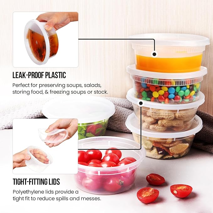 OCS Parts 48-Pack Round 8 Ounce Plastic Deli Containers with Lids | Stackable, Microwavable, Freezer and Dishwasher Safe BPA Free Food Prep and Storage Containers - Image 4