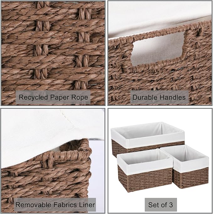 Wicker Baskets for Storage, Set of 5 Hand-Woven Wicker Storage Baskets for Shelves, Cube Storage Baskets Bins with Handles, Wicker Basket for Organizing Pantry Bedroom, Brown - Image 4