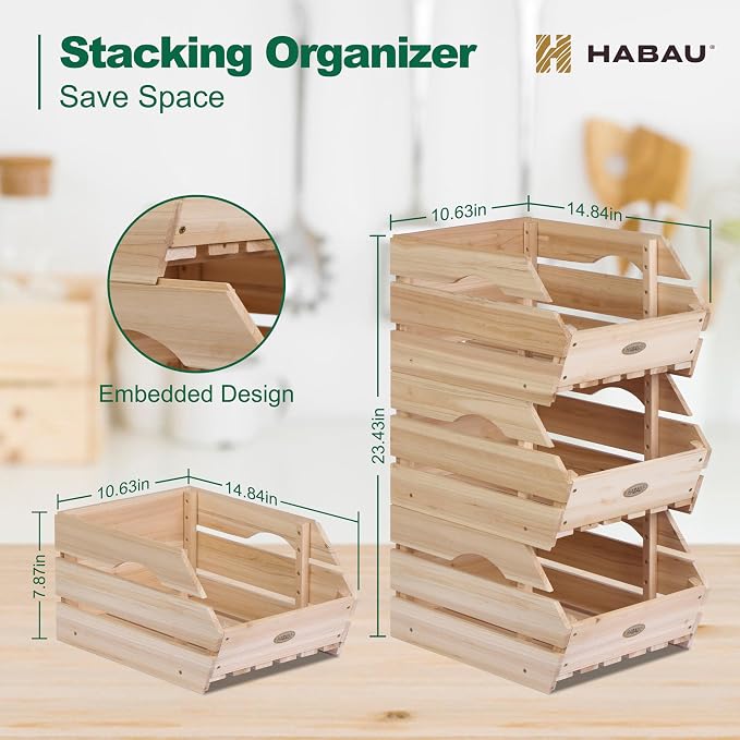 HABAU Wood Potato Onion Storage Bins - Wooden Stackable Produce Basket - Fruit Vegetable Storage for Kitchen Pantry Organization, Set 3 Pieces - Image 3