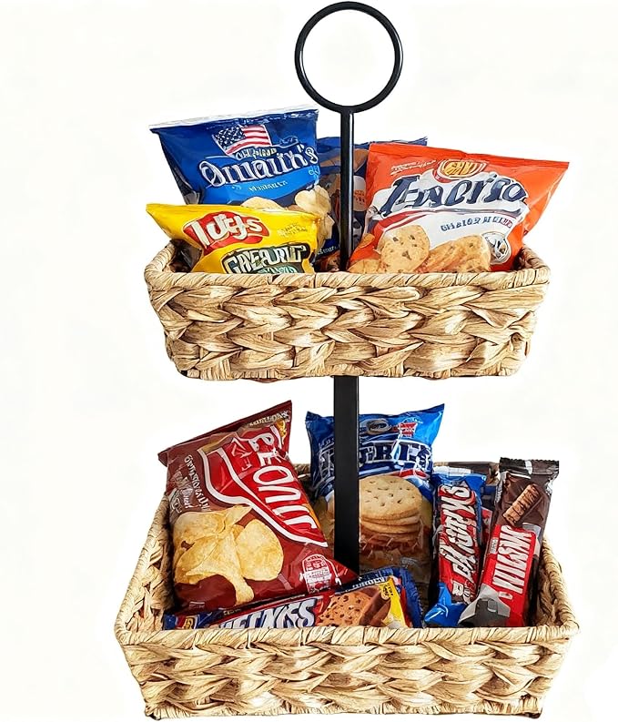 2 Tier Wire Fruit Basket with Rattan | Square Metal Standing Baskets| Handwoven Fruit and Vegetable Storage Organizer |Stackable Candy Organizer|Multi-Function Snack Rack&Shelf for Chips - Image 2