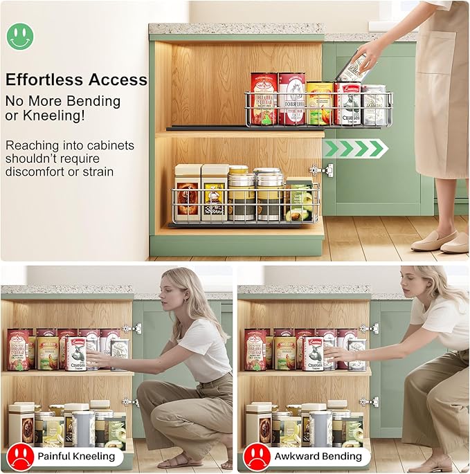 Pull out Cabinet Organizer, Stainless Steel 4-Pack (9.8"W x 16.5"D) Full-Extension Slide out Drawer, Adhesive Roll out Can Spice Storage Basket Shelf Rack for Pantry, Kitchen, Bathroom, Home Closet - Image 6