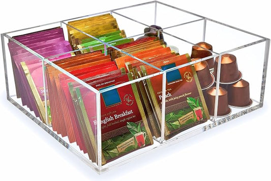 Heavy-Duty Acrylic Tea Bag Organizer, 6-Compartment Storage Box | Perfect Organizer: 6-compartment design keeps tea bags and coffee pods neatly sorted, saving space on your countertop by Meicloud